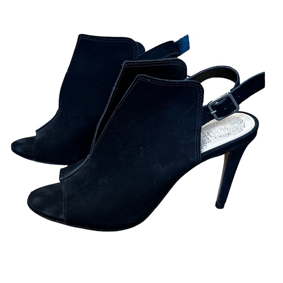 EUC Vince Camuto Catina Black Suede Peep Toe Sling Back Heel Sandal 6 1/2 - Picture 1 of 14